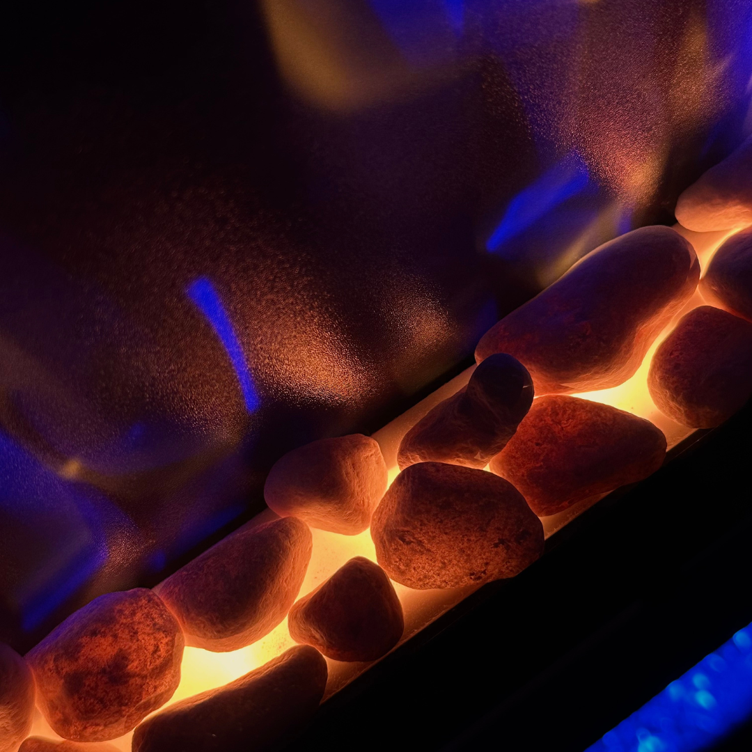 60" Pebbles Electric Fireplace - panoramic full view