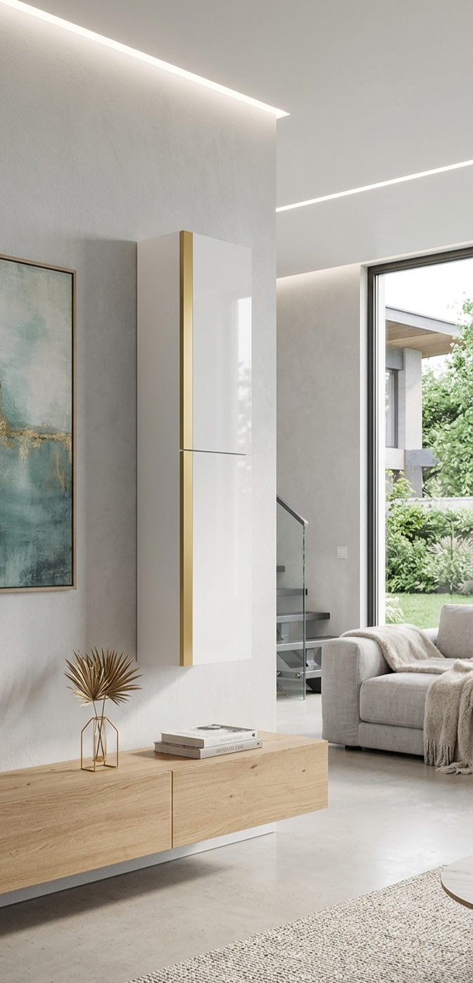Wall cabinet white lacquered high gloss finish with gold accents