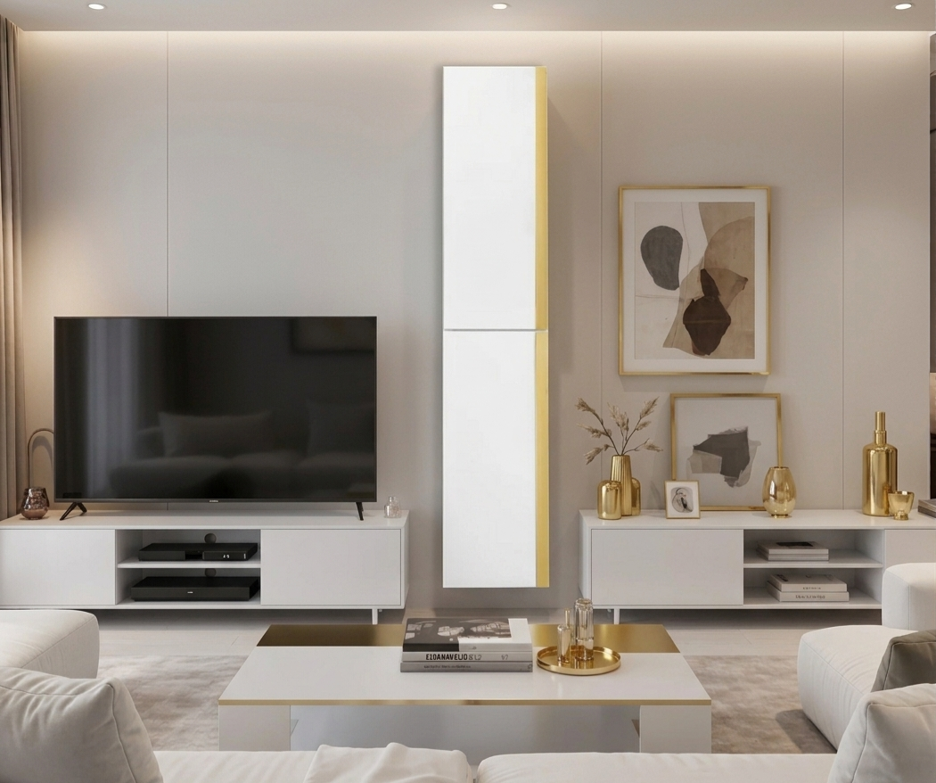 Wall cabinet white lacquered high gloss finish with gold accents