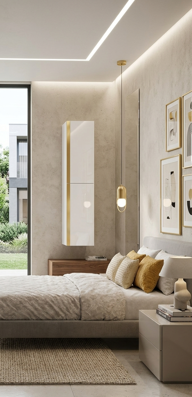 Wall cabinet white lacquered high gloss finish with gold accents