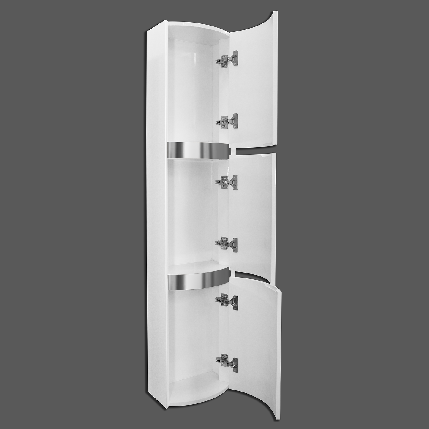 Wall cabinet in  white lacquered high gloss finish with silver accents