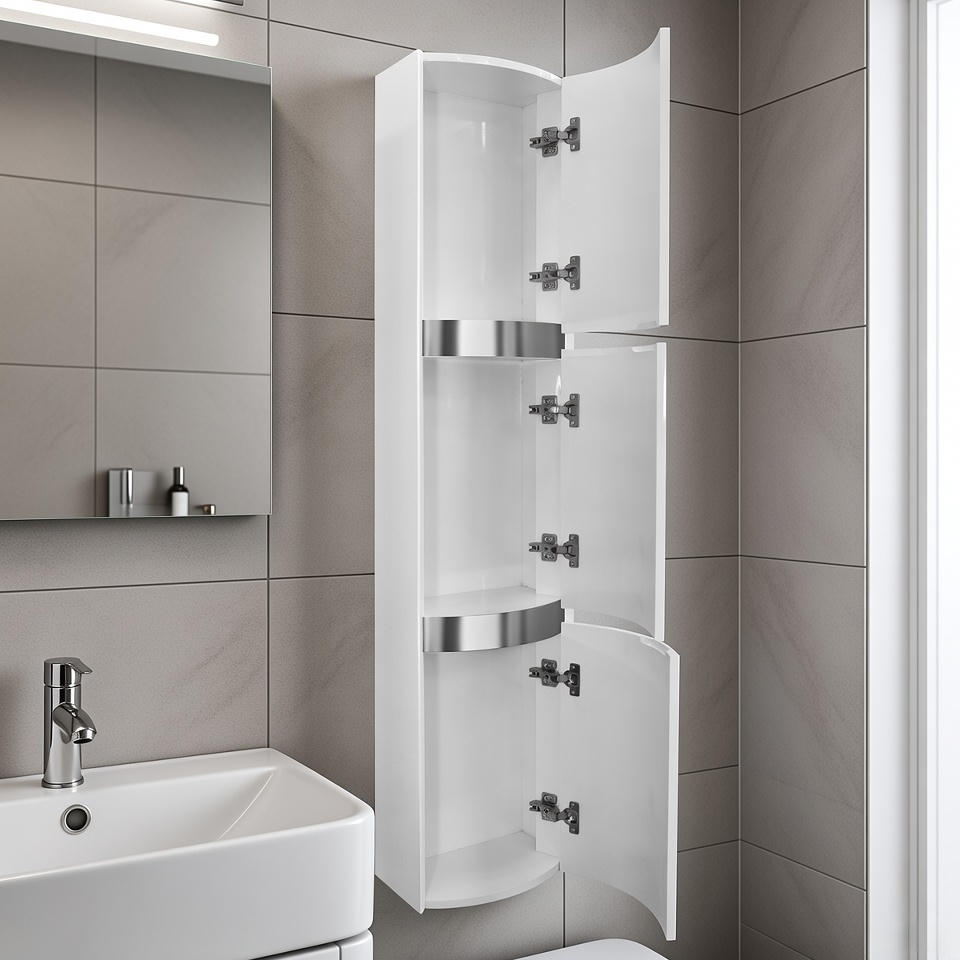 Wall cabinet in  white lacquered high gloss finish with silver accents