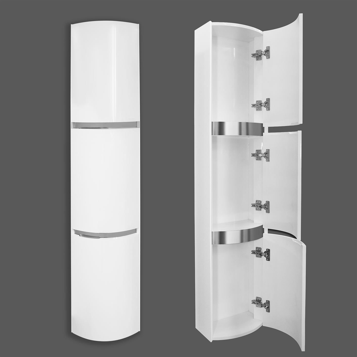 Wall cabinet in  white lacquered high gloss finish with silver accents