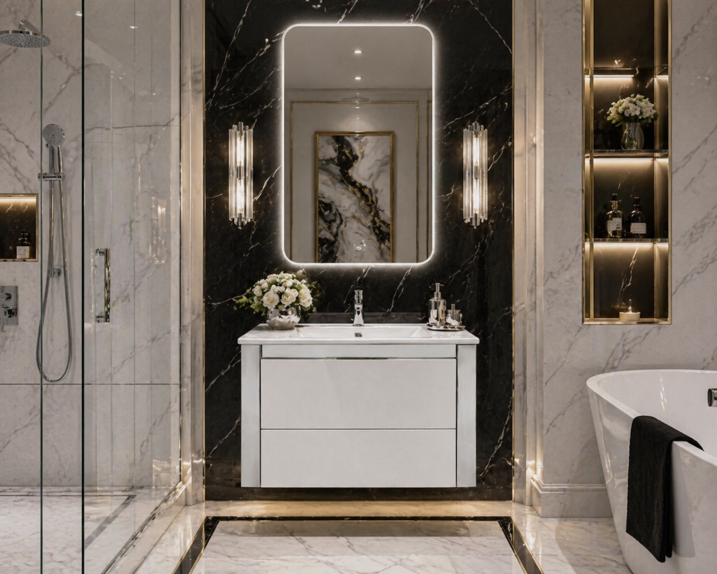 24'' Ancona modern white  lacquered high gloss  with silver accents floating vanity