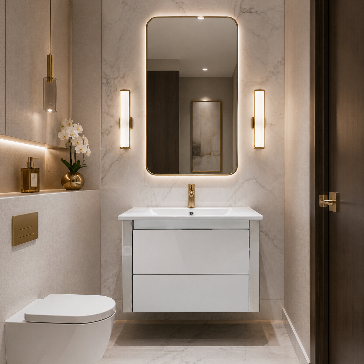 24'' Ancona modern white  lacquered high gloss  with silver accents floating vanity