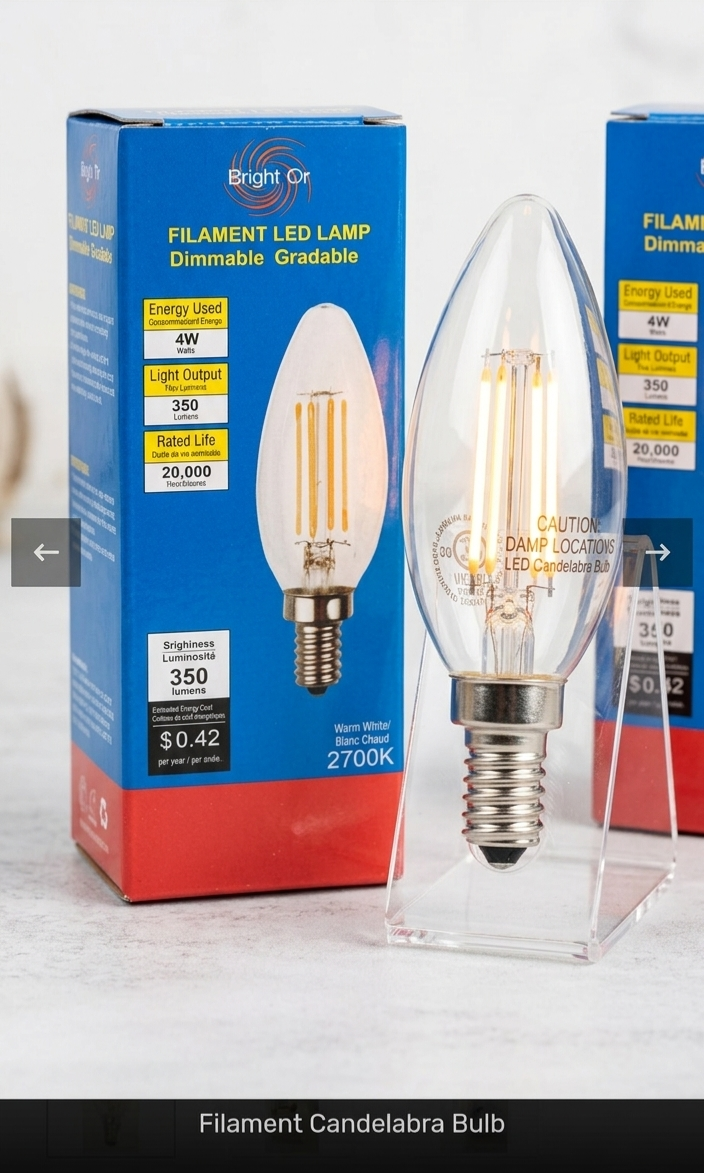 Bright Or 4W Dimmable LED Filament Candelabra Bulb (2700K)