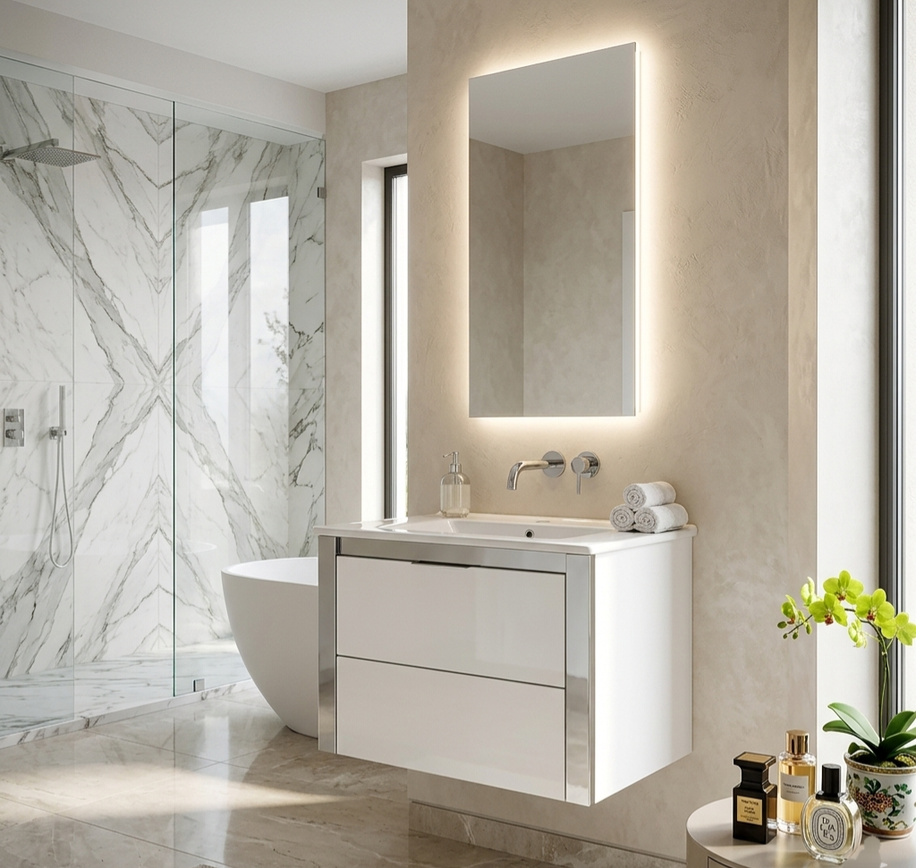 24'' Ancona modern white  lacquered high gloss  with silver accents floating vanity