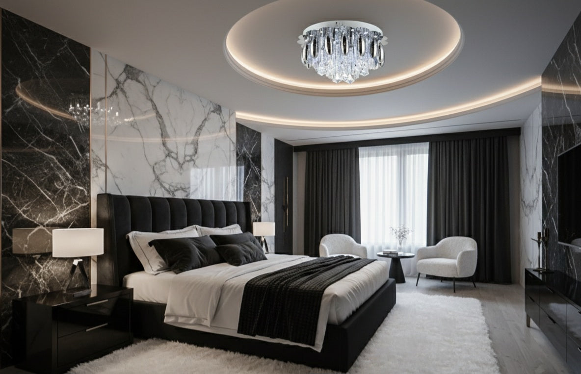 Aura chromed metal and crystal chandelier