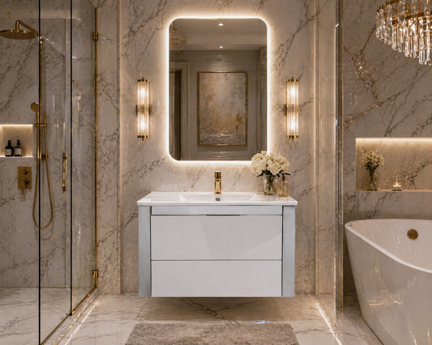 24'' Ancona modern white  lacquered high gloss  with silver accents floating vanity