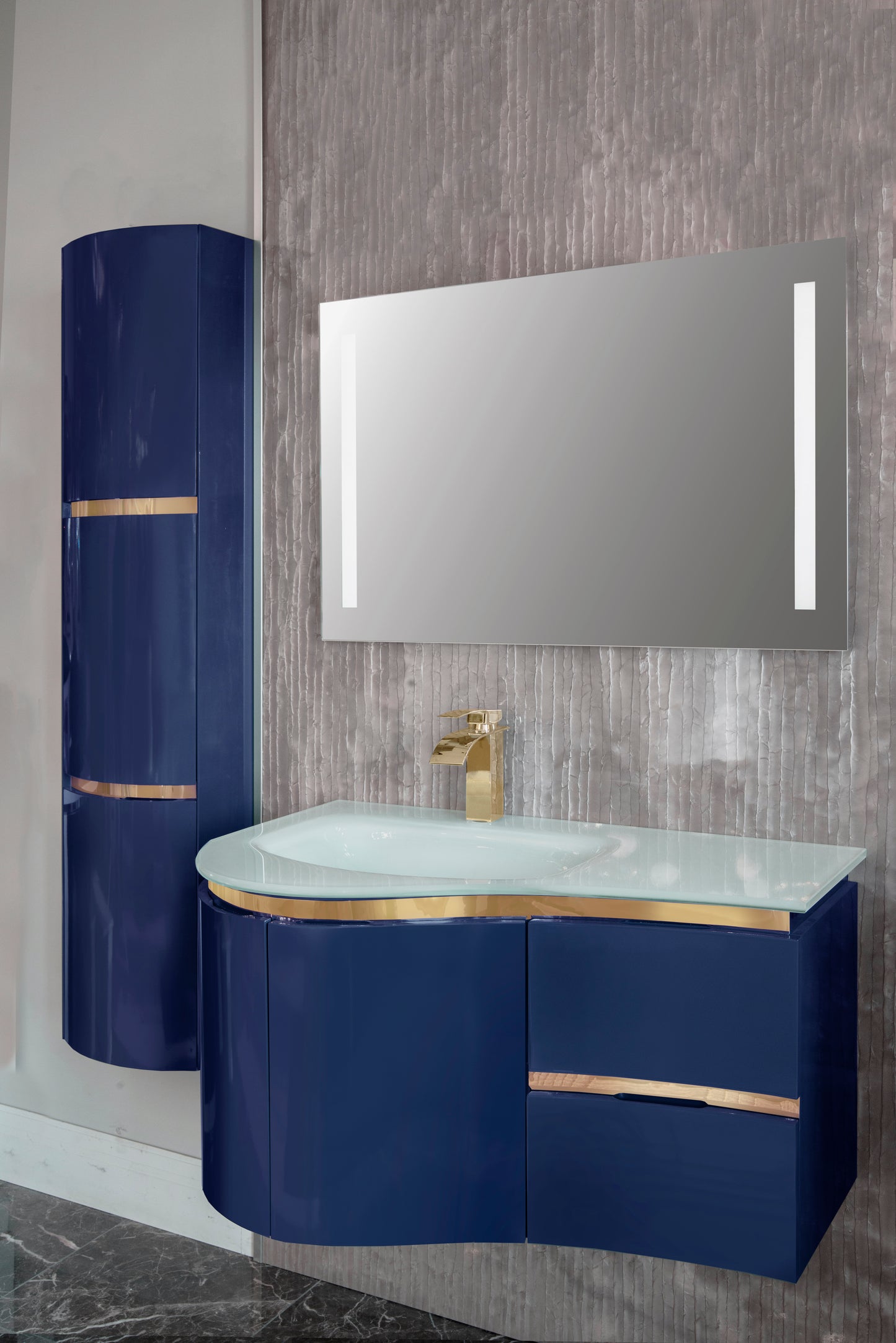 Wall cabinet cobalt blue with gold accents  in high gloss laquered finish