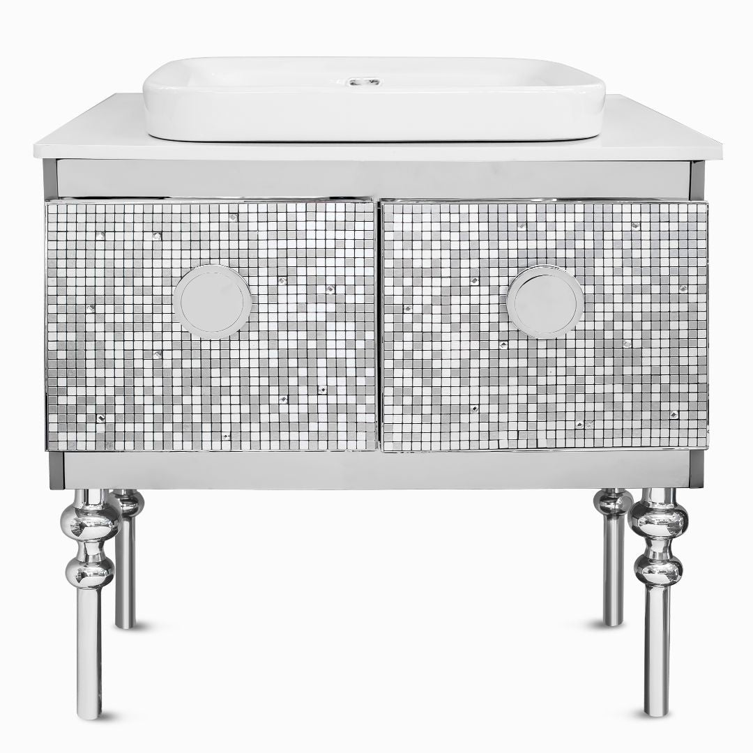 silver bathroom vanity with sink